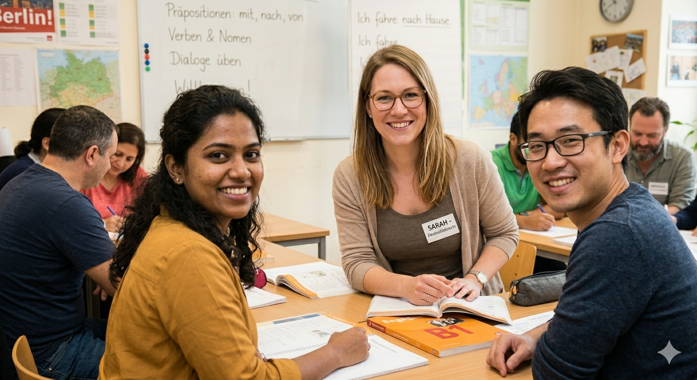 Lehrkraft mit Teilnehmenden bei Learn German Fast
