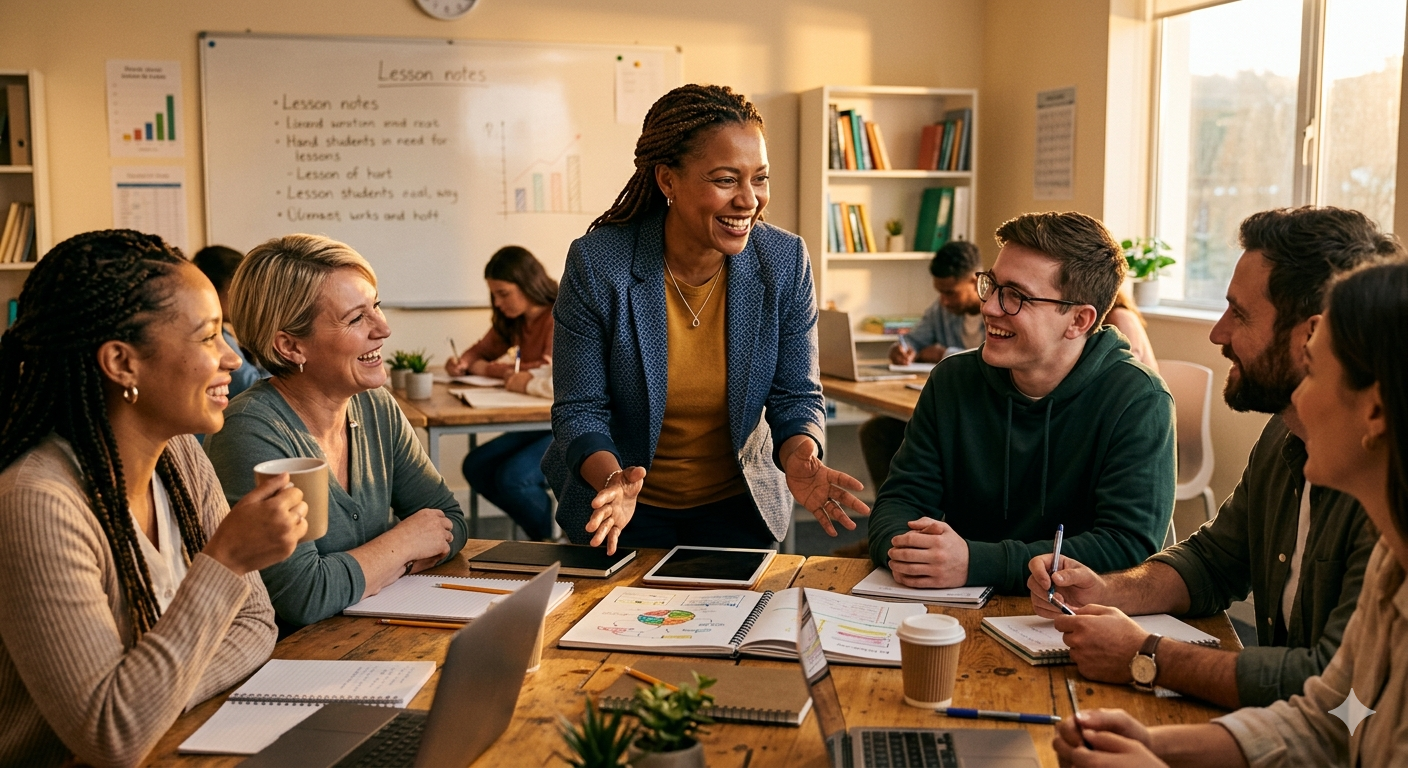 Lehrerin erklärt in kleiner Gruppe bei Learn German Fast